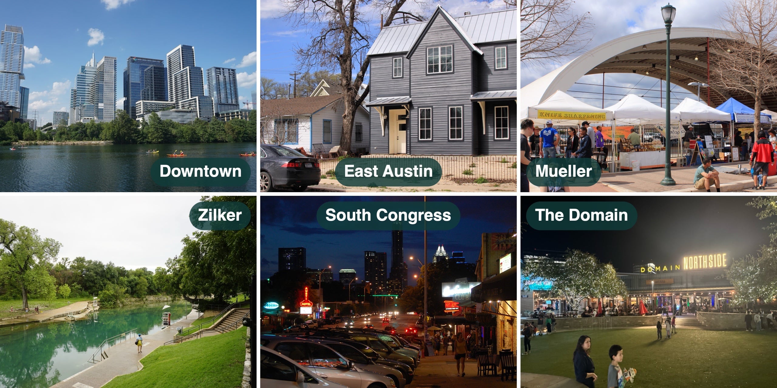 Six photos of Austin neighborhoods, labeled Downtown, East Austin, Mueller, Zilker, South Congress, and The Domain
